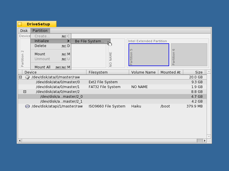 Select the Be File System for initialization